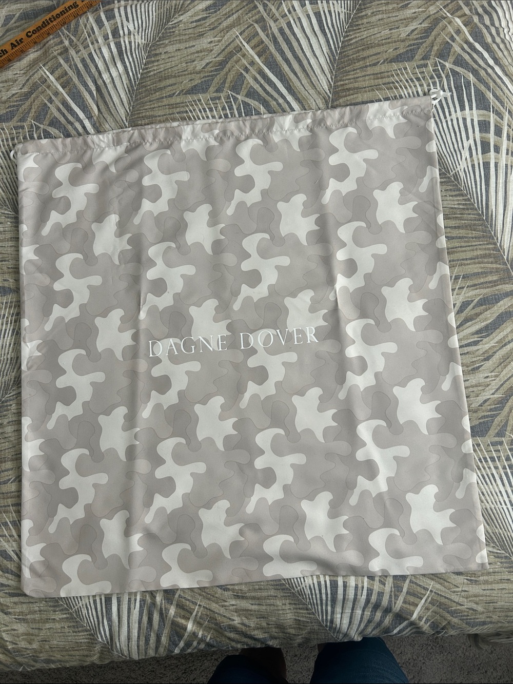 Dagne Dover Neutral Puzzle Print Drawstring Dust Bag in Beige and White 26”x 25”